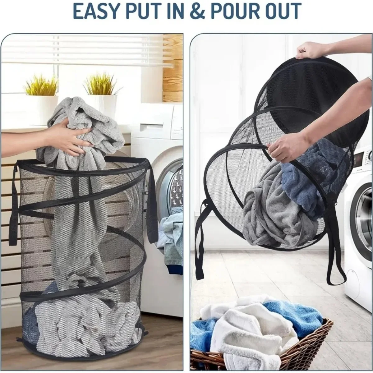 Collapsible Mesh Laundry Hampers Large Storage Basket Ventilate Frame Bucket Bathroom Laundry Pouch Organizers with Handles