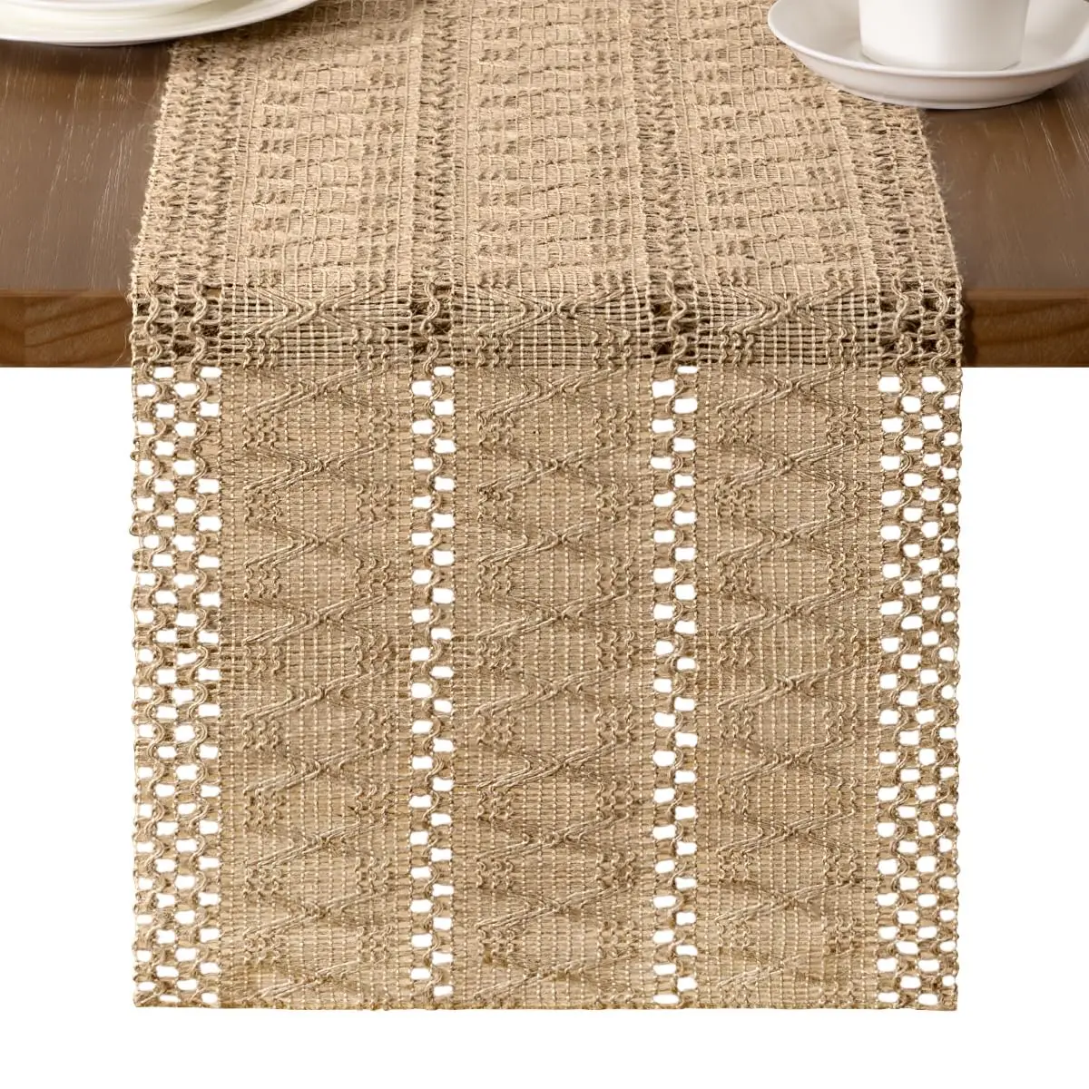 

Boho Table Runner Farmhouse Rustic Burlap Macrame Jute Woven Centerpiece Dresser Runner for Living Room Dining Room Home Decor