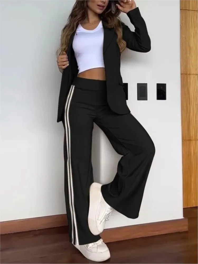 Autumn Winter New Women\'s Casual Lapel Pantsuit Fashion Splicing Stripes Slit Wide Leg Trousers Female Suit Office Two-piece Set