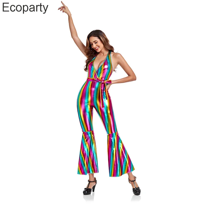 New Retro 70's Hippies Disco Costumes For Women Sexy Deep V Backless Colorful Stripes Jumpsuit Halloween Festival Party Dress Up