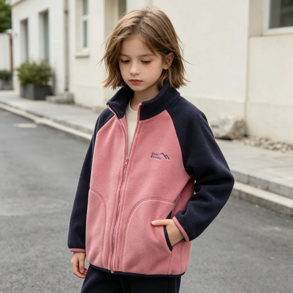 Kids Antibacterial Fleece Jacket Far-Infrared Warm Coat Color-block Stand Collar Zip Up Outerwear Boys Girls School Daily Wear
