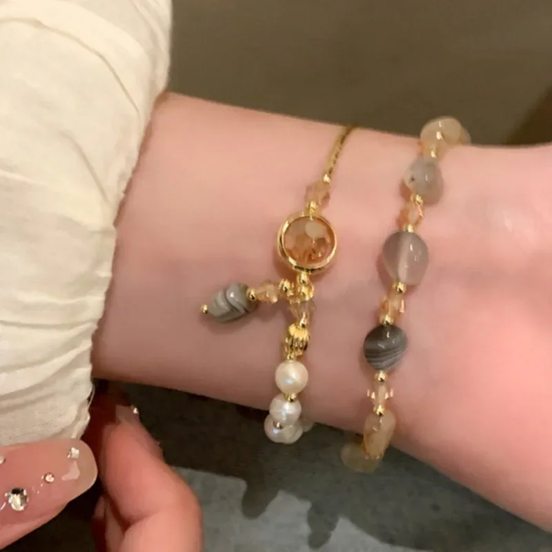 

British [Designer] Double-layer Stacked Natural Stone Pearl Bracelet Women's Niche Light Luxury Bracelet