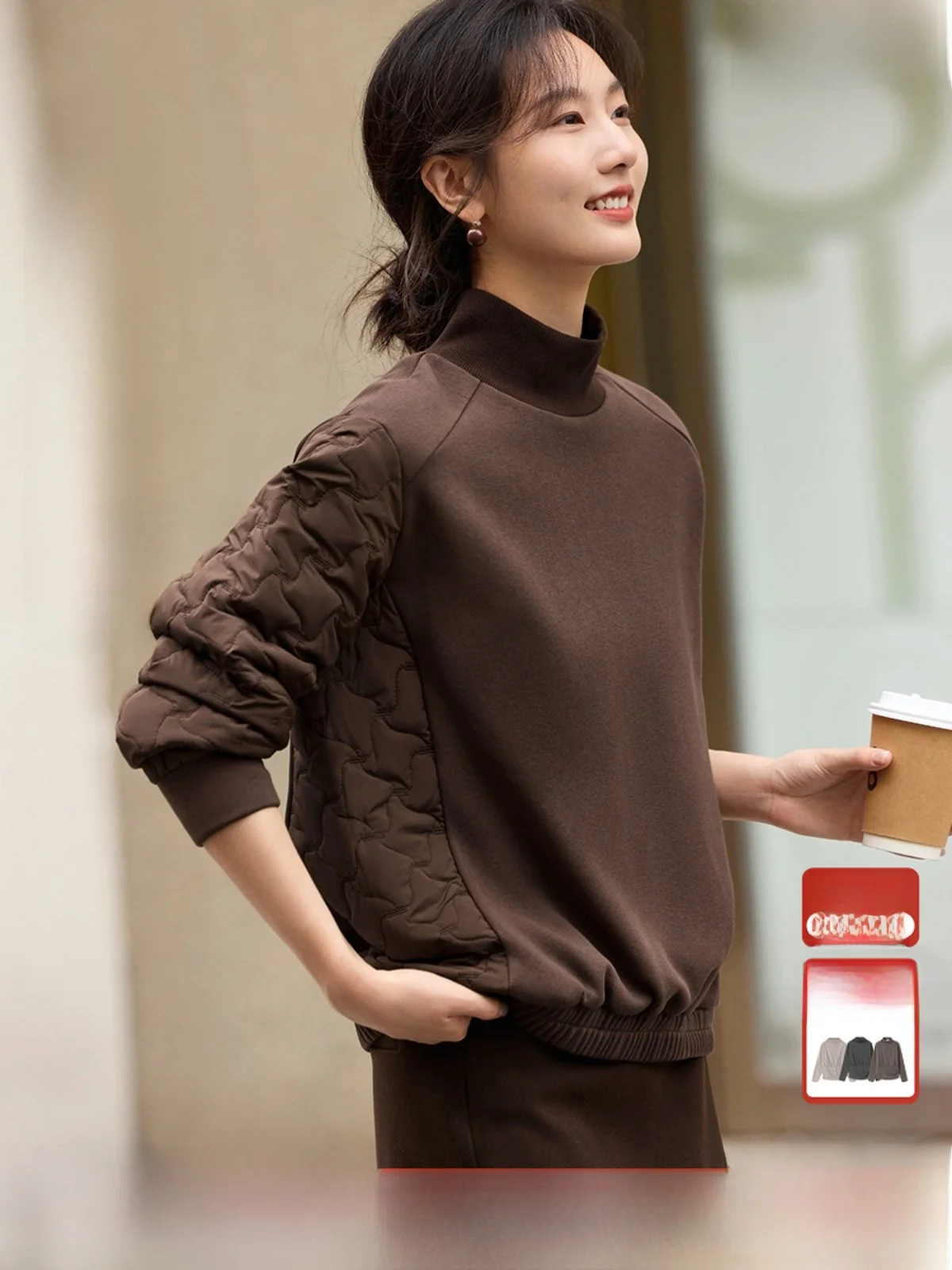 

XWI повседневный лоскутный стеганый свитшот с хлопковой текстурой, женский коричневый зимний свитер средней длины, новая женская одежда для поездок на работу