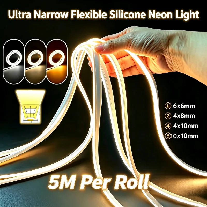 5M Ultra Narrow Waterproof Flexible Silicone Neon LED Strip 4/6/10mm Width Bendable Light Bar for Furniture Cabinet Door Decor