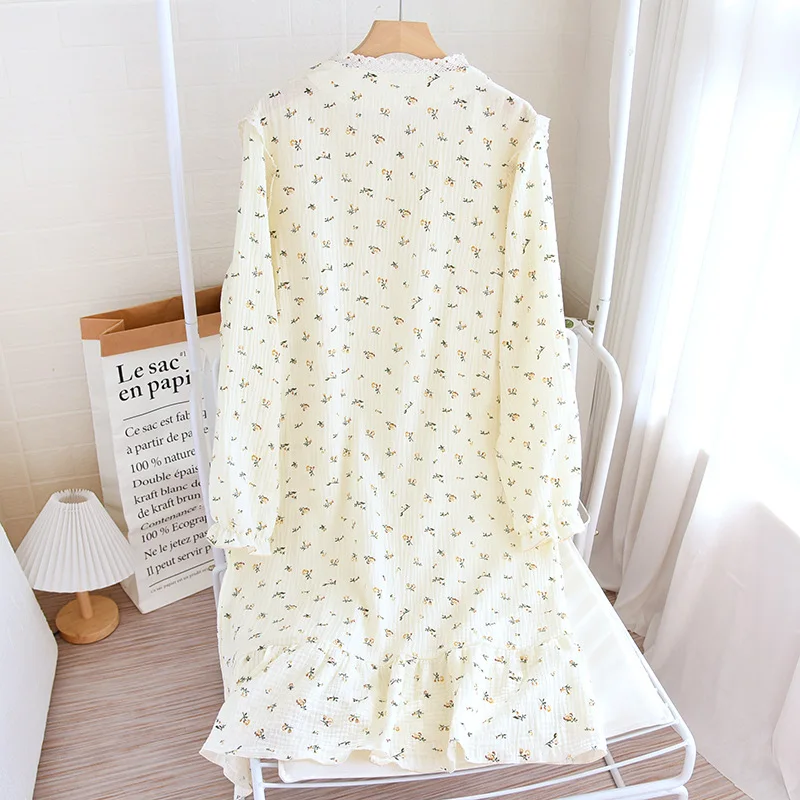 Sweet Gauze Cotton Home Nightgowns Women\'s Round Neck Nightdress Thin Section Floral Spring Summer Long Sleeve Sleepwear