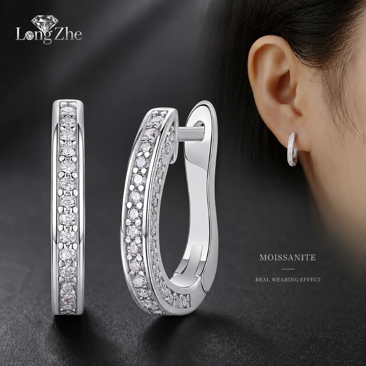 LongZhe Moissanite Hoop Earrings S925 Sterling Silver U Shape 96 Stones Huggie Earrings Silver 925 Daily Jewelry Gift for Women