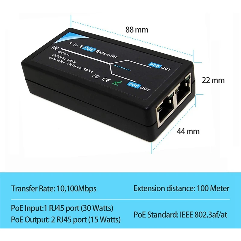 3X 2 Port POE Extender 10/100Mbps With IEEE 802.3Af Standard Input/ Output For IP Camera Extend 100 Meters For POE Range