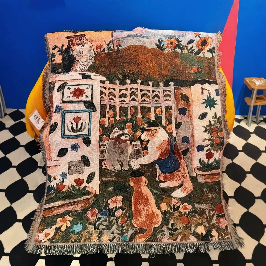 

Cotton Thread Woven Tapestry Warm Health Style Hand-painted Sofa Cover Decorative Blanket with Tassel Postman Dog Pattern Carpet