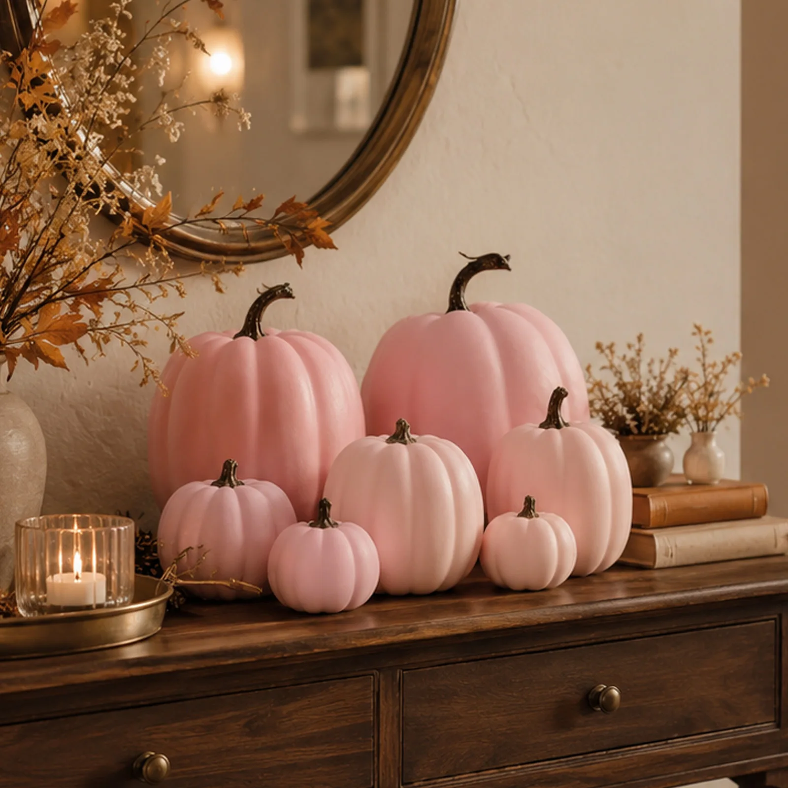 Gold Brush Foam Pumpkins with Distressed Finish for Table Mantel Shelf Tiered Tray Rustic Modern Home Decor Styling