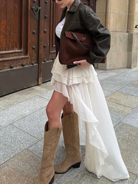 Casual Asymmetrical Hemline Women's Skirt Elastic Waist Fashionable Dress Polyester Fiber A-Line Silhouette Autumn Collection