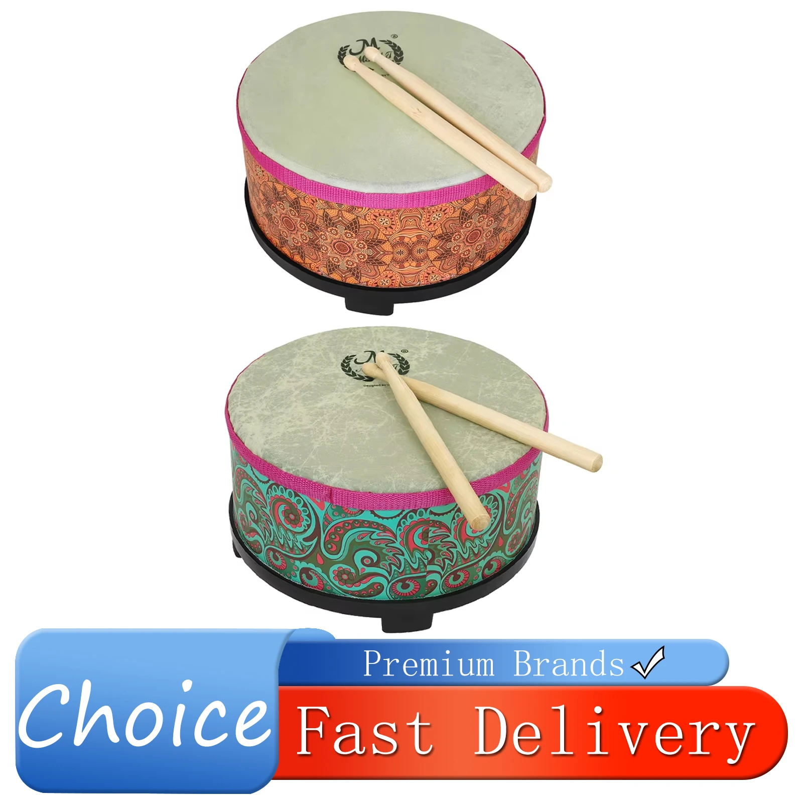 10 Inch Ground Drum Alto Drum Sheepskin Solid Wood Orff Percussion Musical Instruments Mid-range Drum Tambourine with Drumsticks