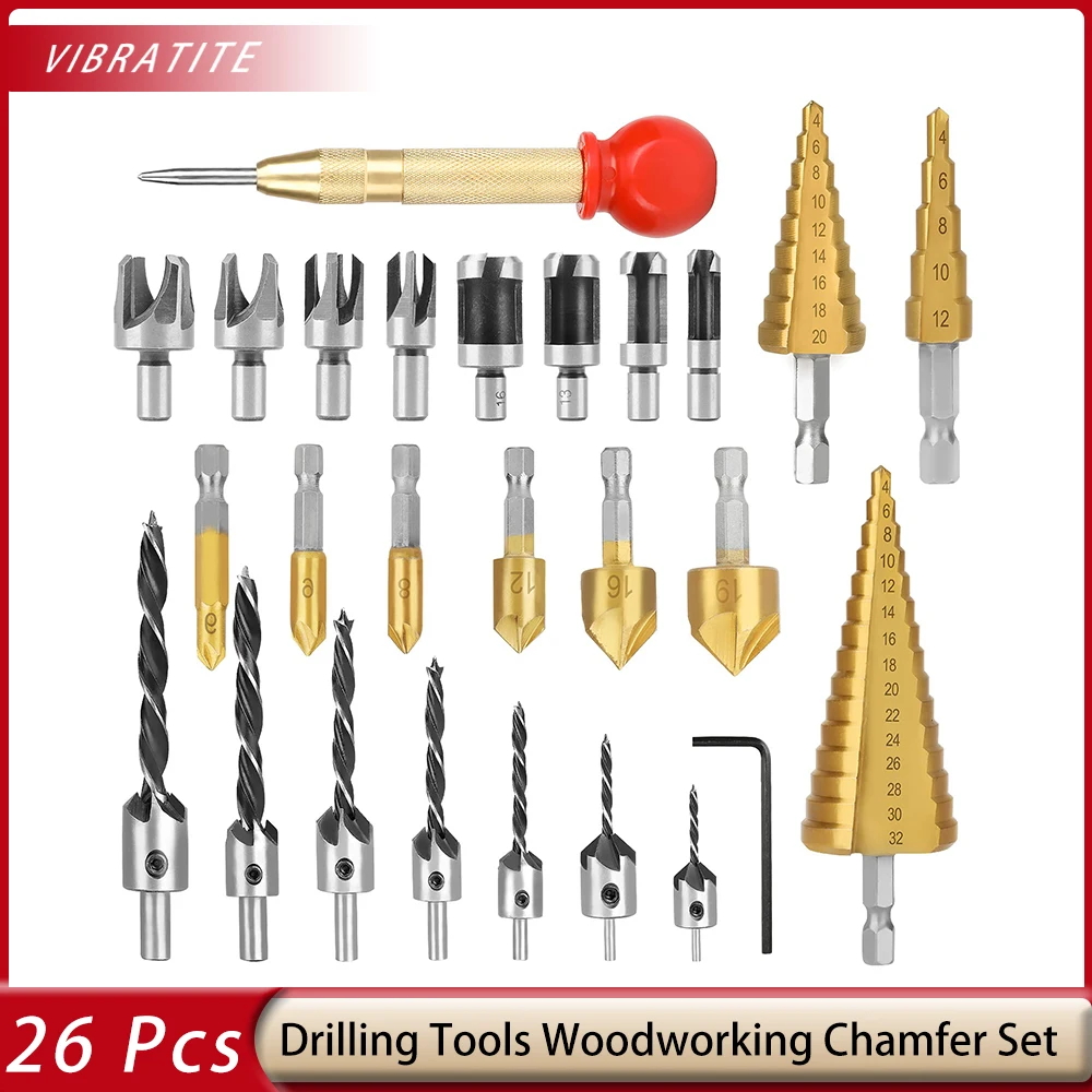 

26 Pcs Drilling Tools Woodworking Chamfer Including Countersink Drill Bits 3-Pointed Countersink Drill Bit with L-Wrench Wood