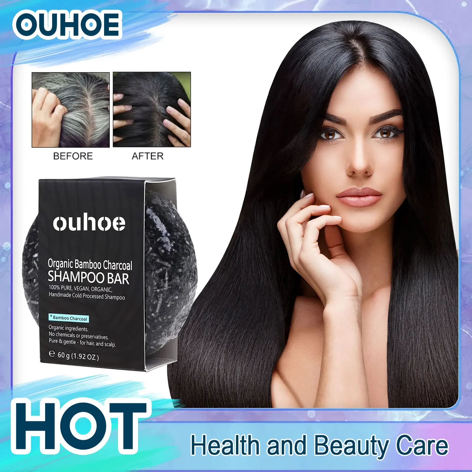 Champú de carbón de bambú para oscurecer el cabello, jabón para mejorar la limpieza suave del cabello, nutre el cabello grueso, previene la pérdida de pelos, barra de champú Anti gris