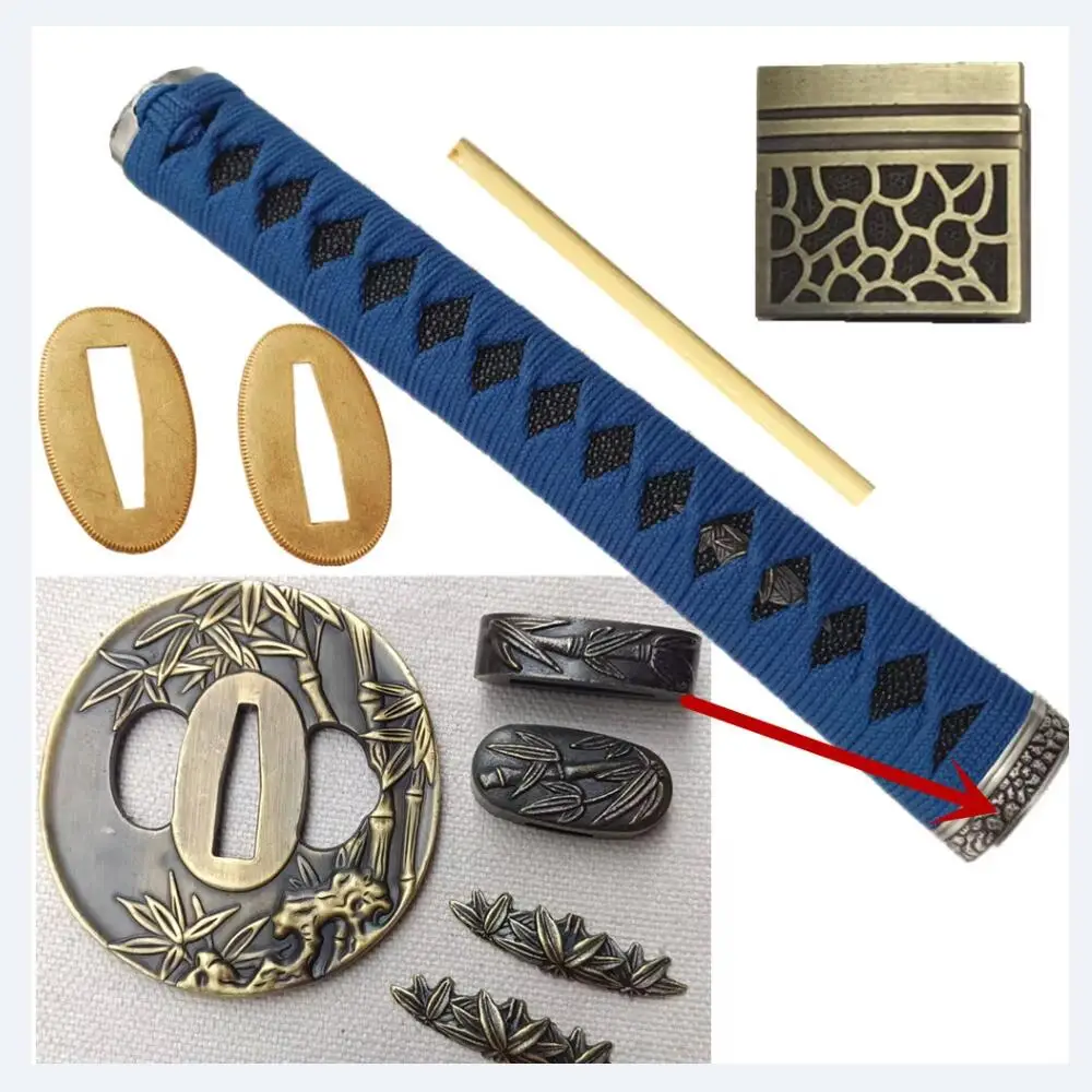 

Japanese Samurai Katana/Wakizashi Sword 26cm Blue Handle Accessory Set Tsuba+Menuki+Fuchi+Kashira+Habaki+Seppa Fittings