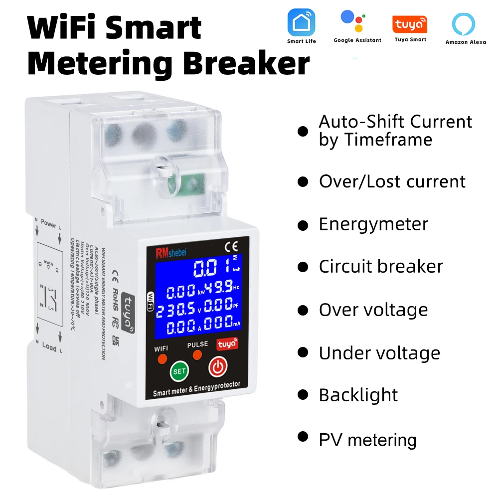 RMshebei Tuya smart switch circuit breaker rail Voltage relay 220v earth leakage smart life wifi power meter programmable timer