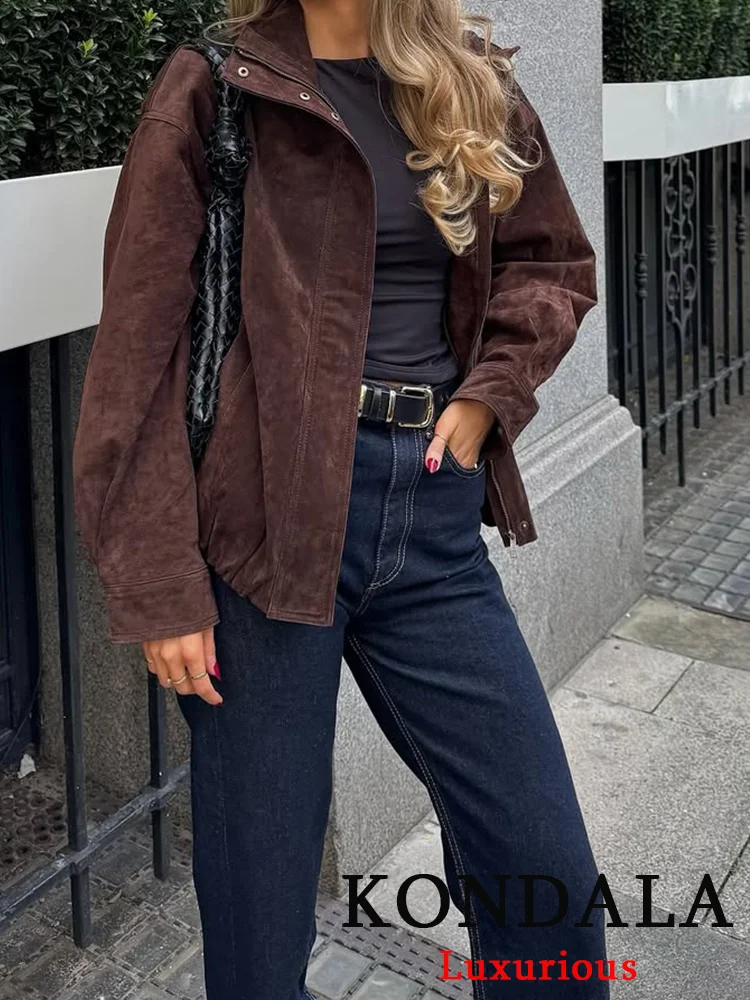 

KONDALA винтажные повседневные шикарные женские куртки коричневые однотонные теплые пальто на молнии с длинными рукавами и карманами мода 2025 осенне-зимняя верхняя одежда