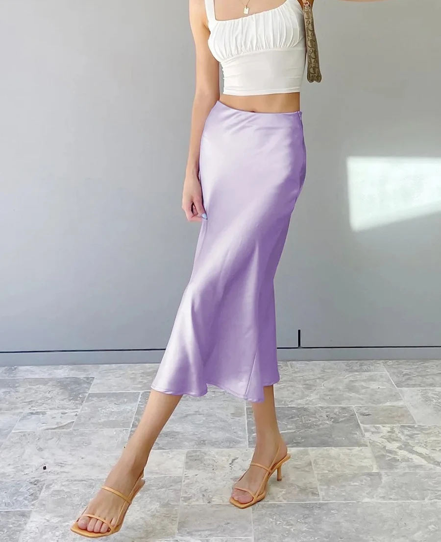 

Фиолетовая шелковая облегающая юбка средней длины с высокой талией и запахом, модное новое поступление, осенняя женская одежда