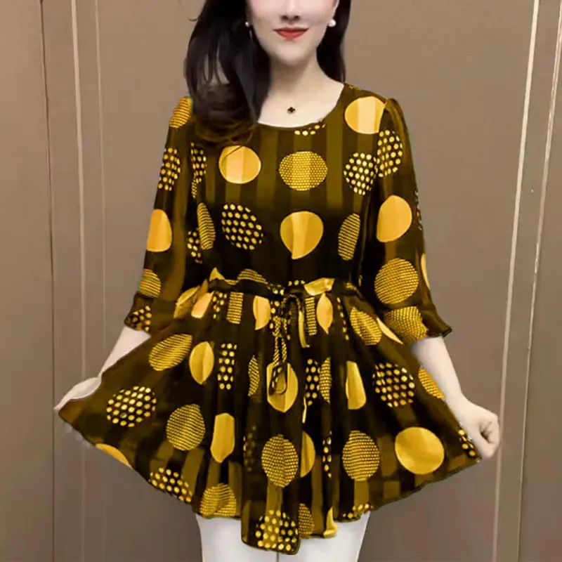 Commute Fashion Polka Dot Shirt Spring Summer Thin Drawstring Waist Women\'s Clothing 3/4 Sleeve Casual Round Neck Loose Blouse