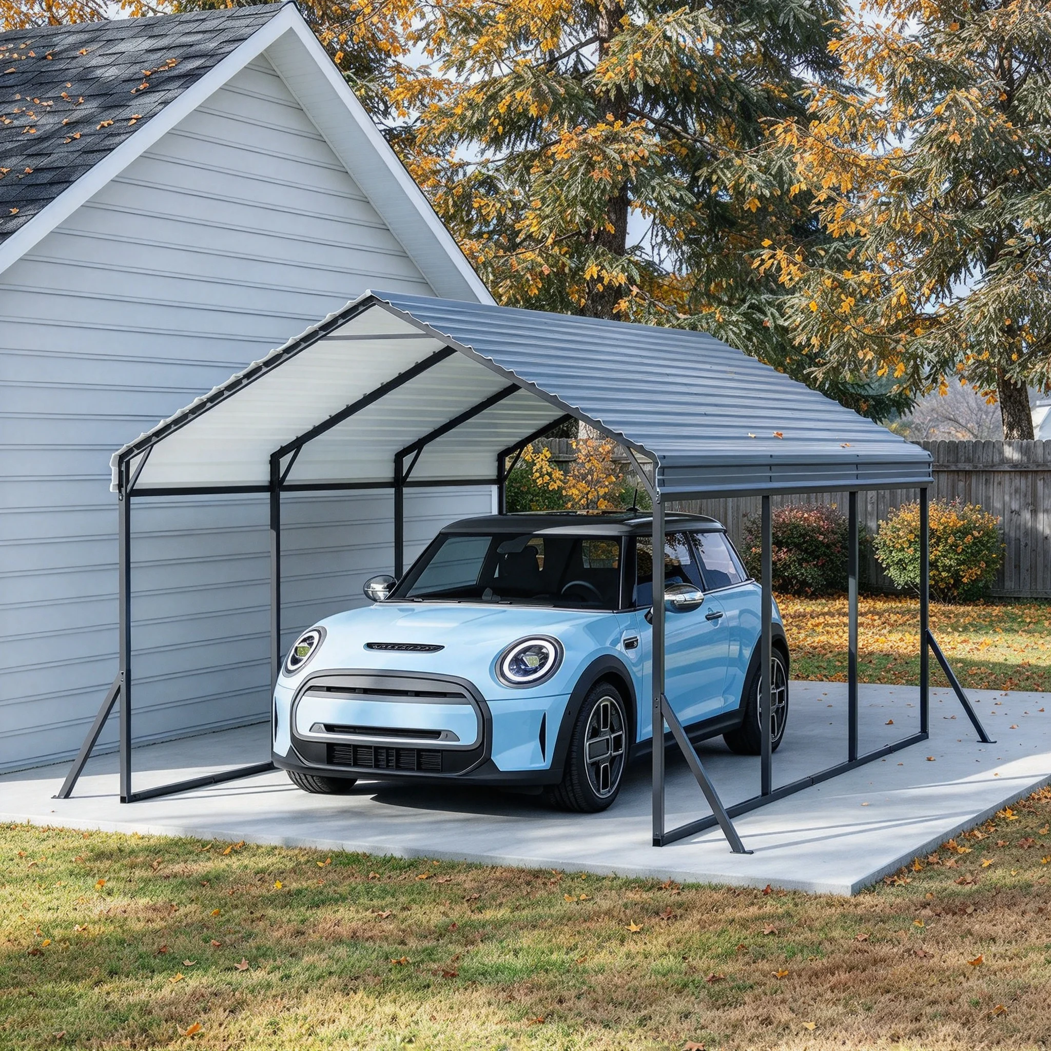 10x15 FT Heavy-Duty Metal Carport with Reinforced Frame & Steel Roof, All-Weather Permanent Shelter for Cars, SUVs, Boats, ATVs, Tractors, Includes Anchor Bolts & U-Shape Stakes, Gray