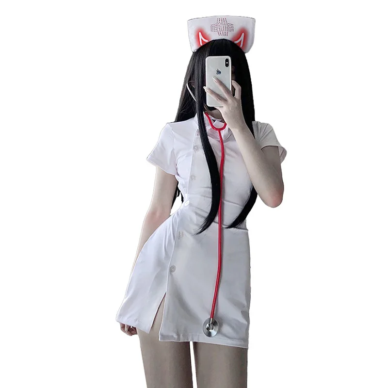 Japapese Anime Sexy Nurse Cosplay Uniform Family Doctor Roleplay Button Coat Nurse Fancy Short Dress With Hat Erotic Costume