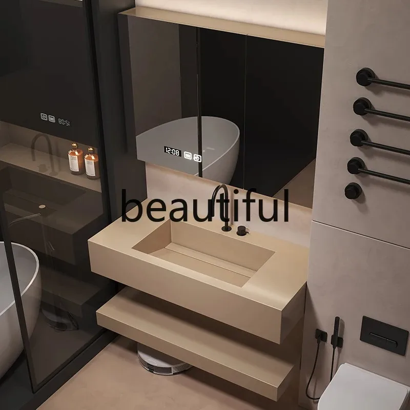 A17 Cream wind rock slab integrated seamless basin double bathroom cabinet toilet wash basin