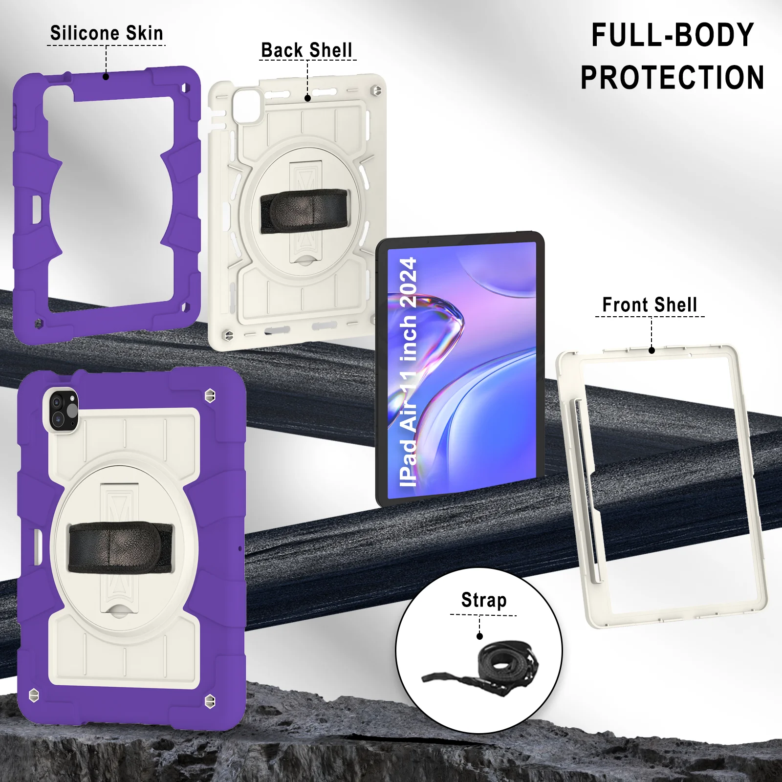 Robuste Hülle für iPad Air 11 M2 2024, Modell A2902, A2899 A2900, 360-Grad-Rüstung, Standabdeckung mit Schultergurt, stoßfest