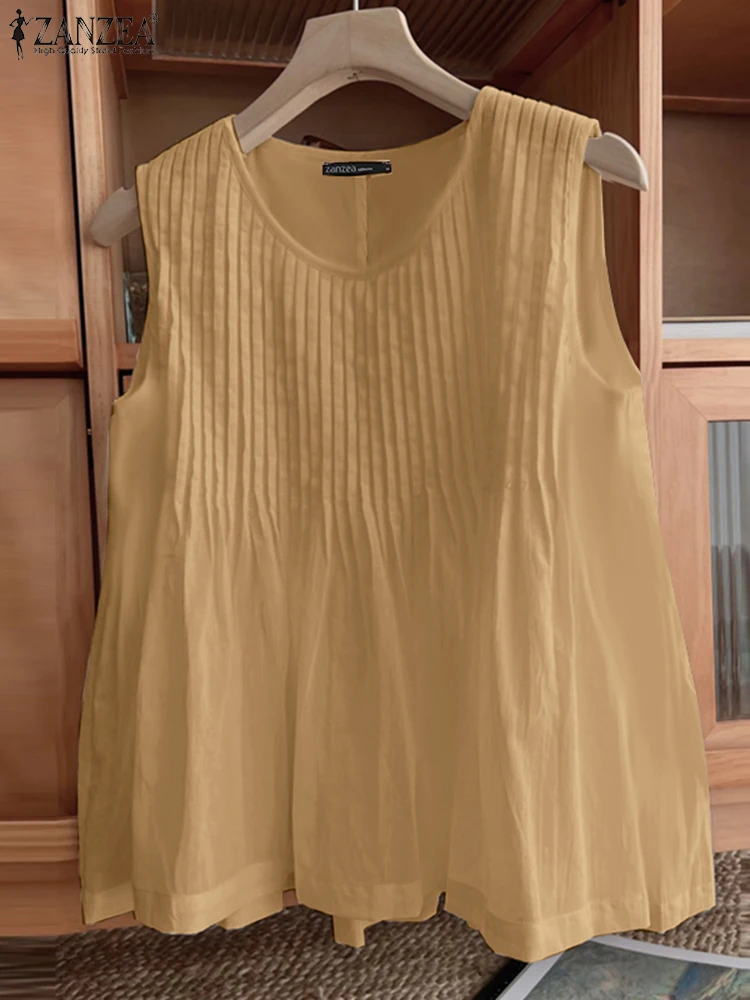 ZANZEA Vintage Holiday Tanks Tops Summer Fashion Shirt Women Sleeveless Pleated Blouse Casual O Neck Beach Tees Female Blusas