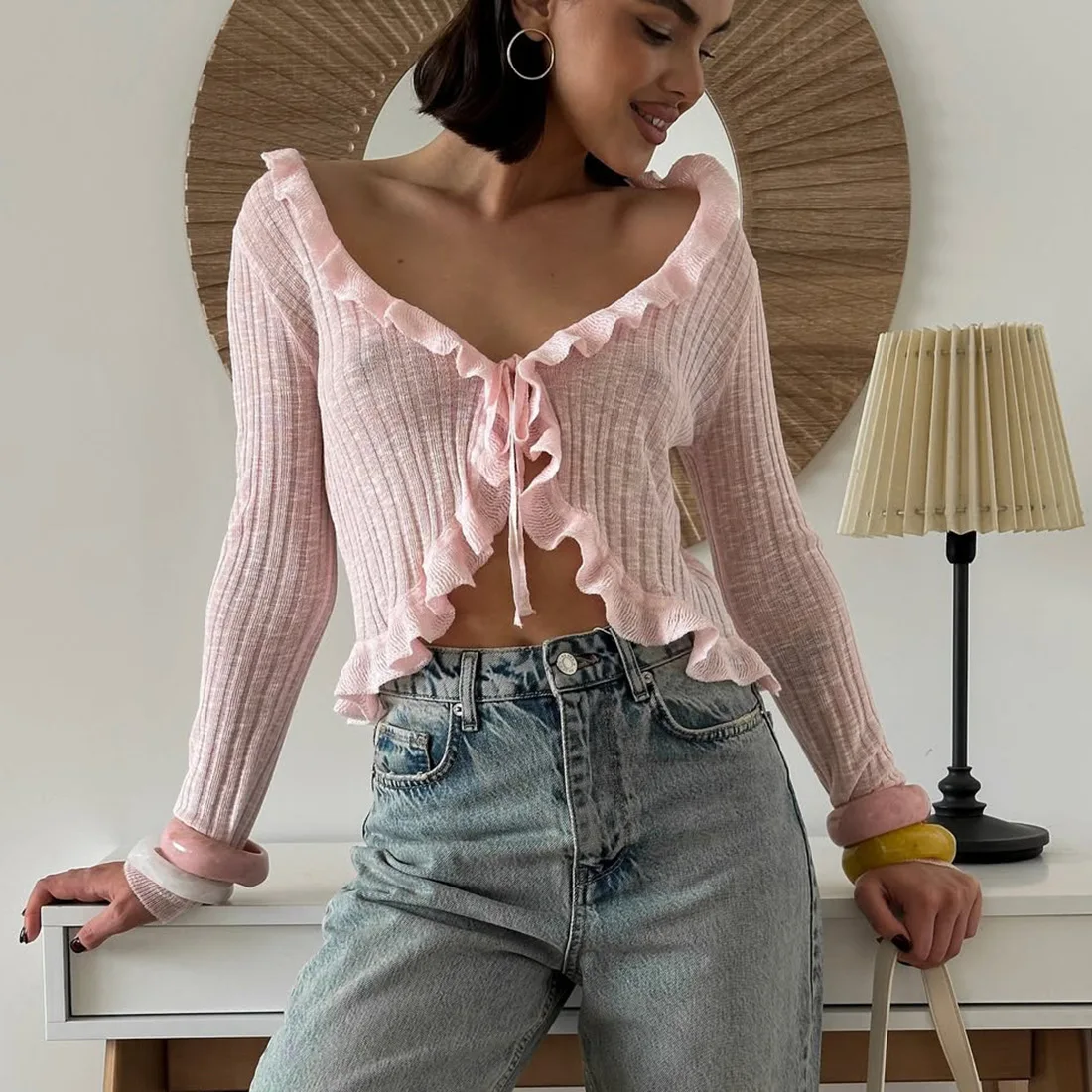 

V-Neck Ruffle Edge Patchwork Lace Up Long Sleeved Top Versatile And Simple Cardigan Women's Small Cover Shirt