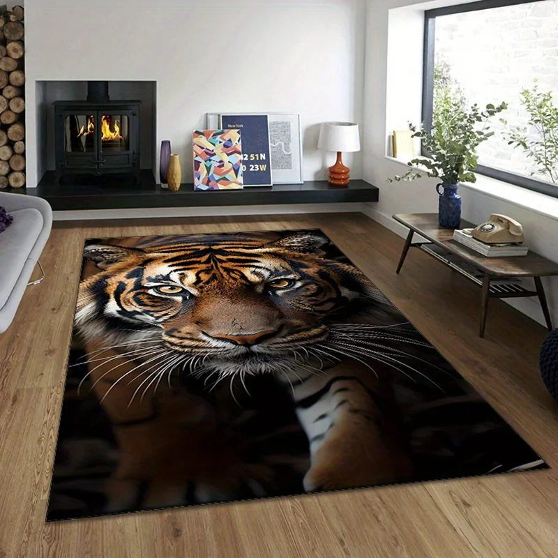 Vibrant Tiger Print Non-Slip Area Mat - Polyester, Machine Washable, Rectangular Home Decor Mat for Bedroom & Living Room, Featu