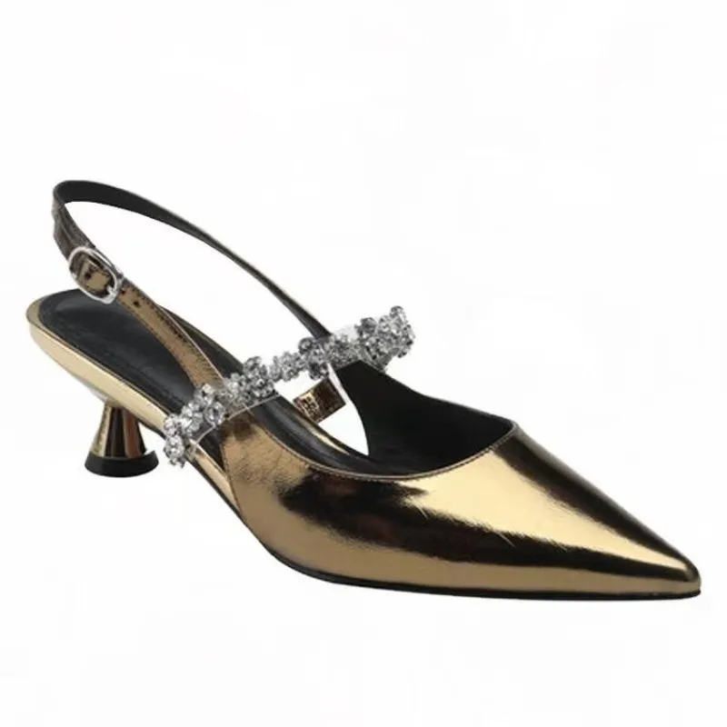 New Gold Silver Low Heels Sandals Women 2024 Summer Shiny Crystal Straps Pointed Toe Sandals Woman Slingbacks Pumps Ladies Shoes