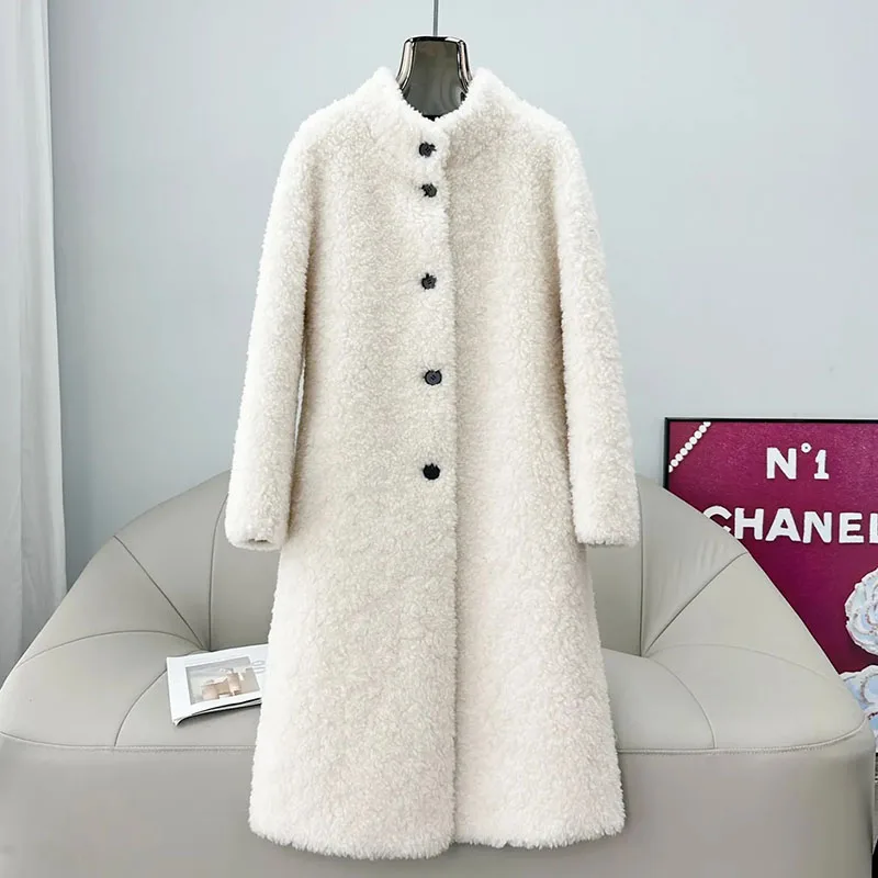 Płaszcz z czystej wełny z kołnierzem stójką, długi, jednolity kolor, z futra owczego, nowy model damski na jesień i zimę 2026, zintegrowany płaszcz z futra jagnięcego.