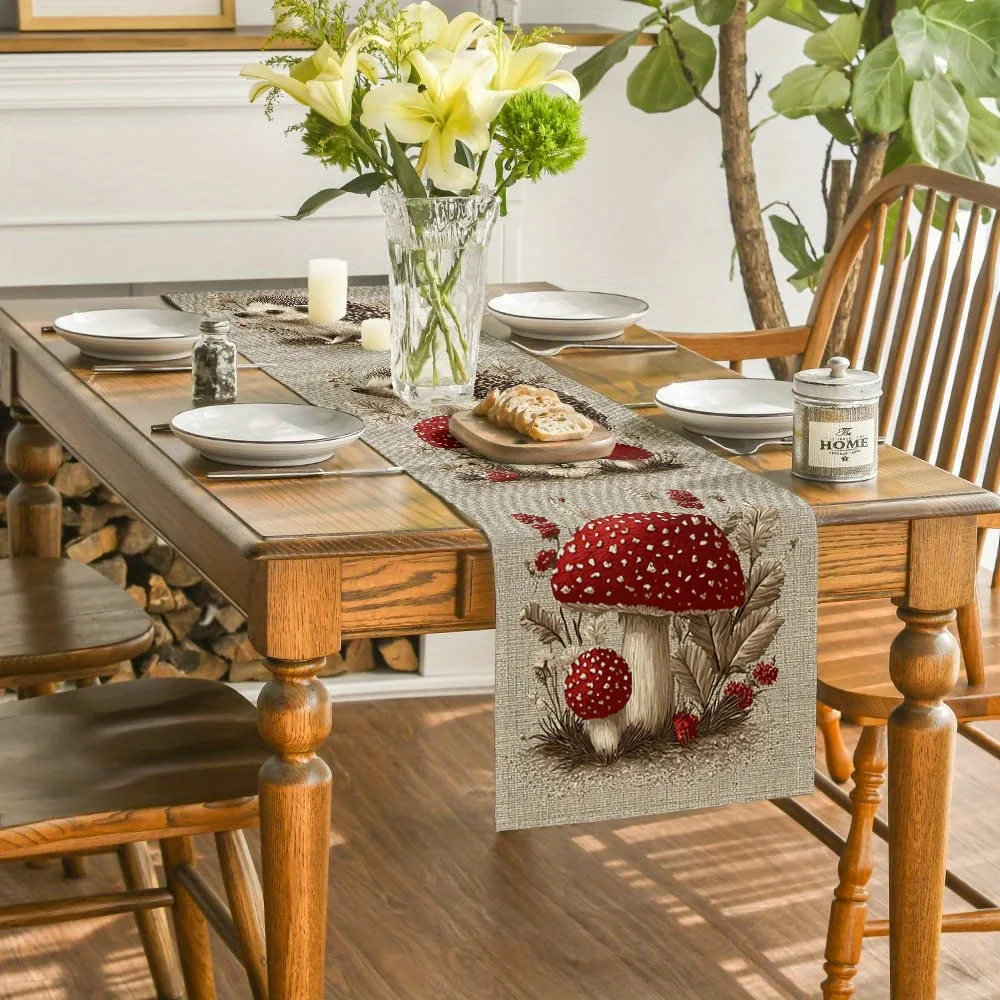 Igel-Pilz-Patchwork-Tischläufer – Herbstlicher Wald-Landhausstil-Tischbezug für Wohnzimmer-Couchtisch & Party-Dekoration