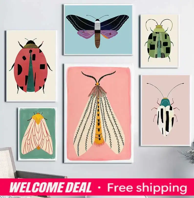 Butterfly Wall Art Ladybug Tiger Moth Beetle Feather Canvas Painting Nordic Poster Printing Wall Picture Bedroom Decoration