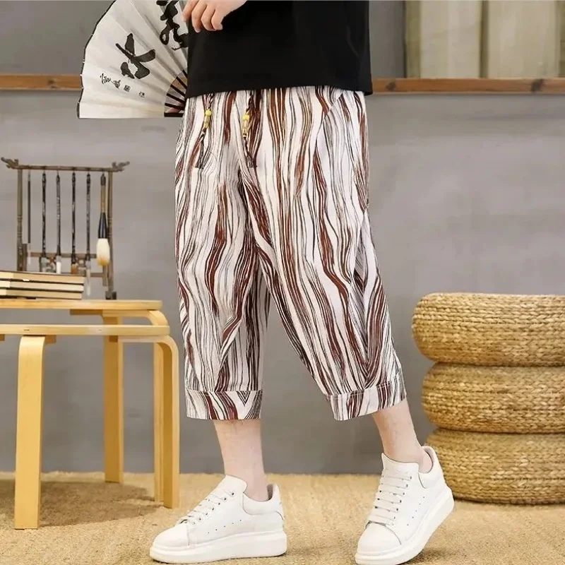 Men's Loose Fit Knee Length Harem Shorts with Striped Pattern Drawstring Waist Casual Summer Shorts