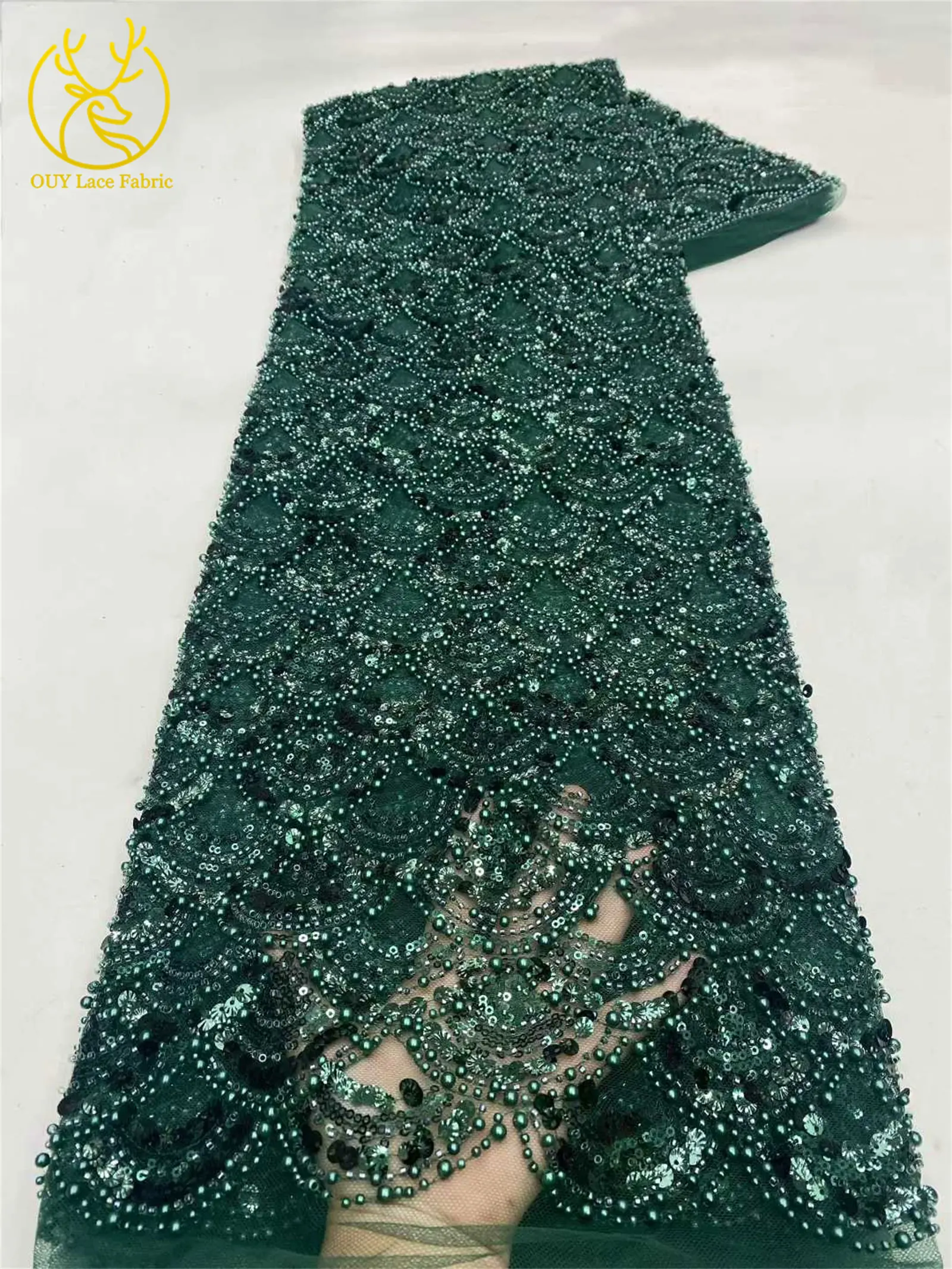 Tiefblauer afrikanischer schwerer Perlen-Spitzenstoff 2026 Hochwertiger nigerianischer Pailletten-Spitzenstoff für Hochzeit, Party, Kleid, 5 Yards – Detail 10