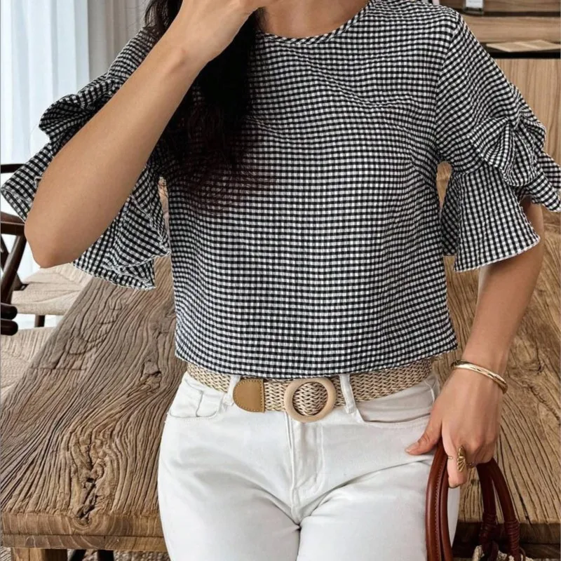 2026 New Summer Women's Top With Checkered Bubble Sleeves Casual And Loose Retro Bohemian Style Fashionable And Comfortable Top
