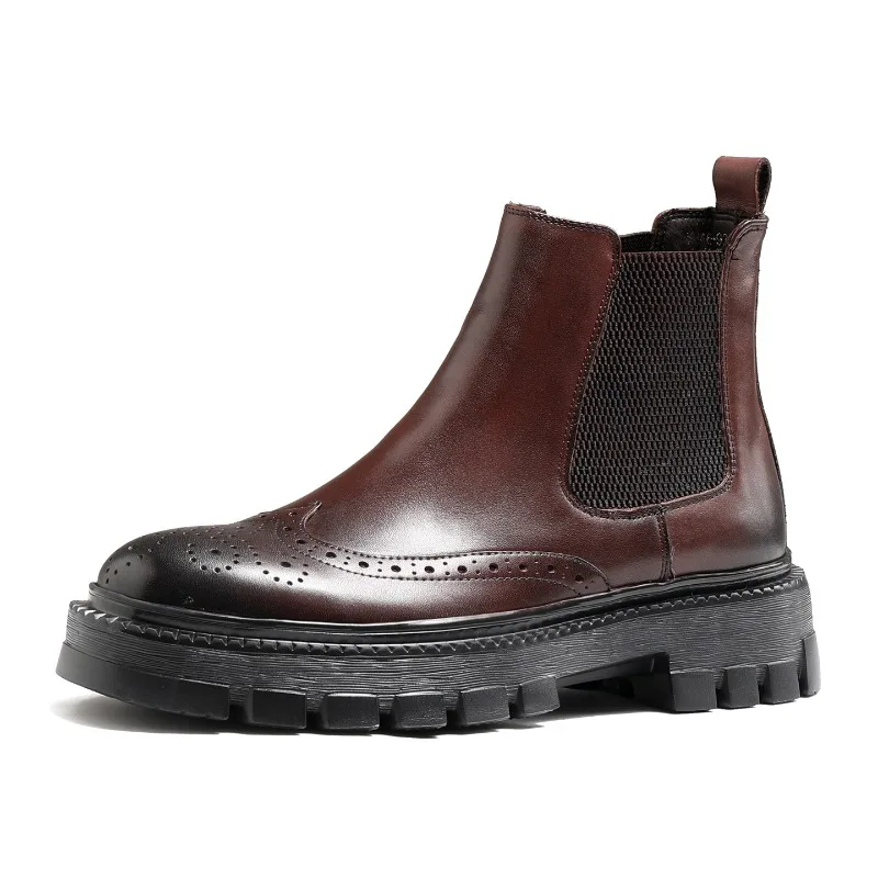 Fashion Casual Genuine Leather Office Thick Sole Outdoor Hiking Round Toe Business Chelsea Boots Men's Shoes Motorcycle Boots