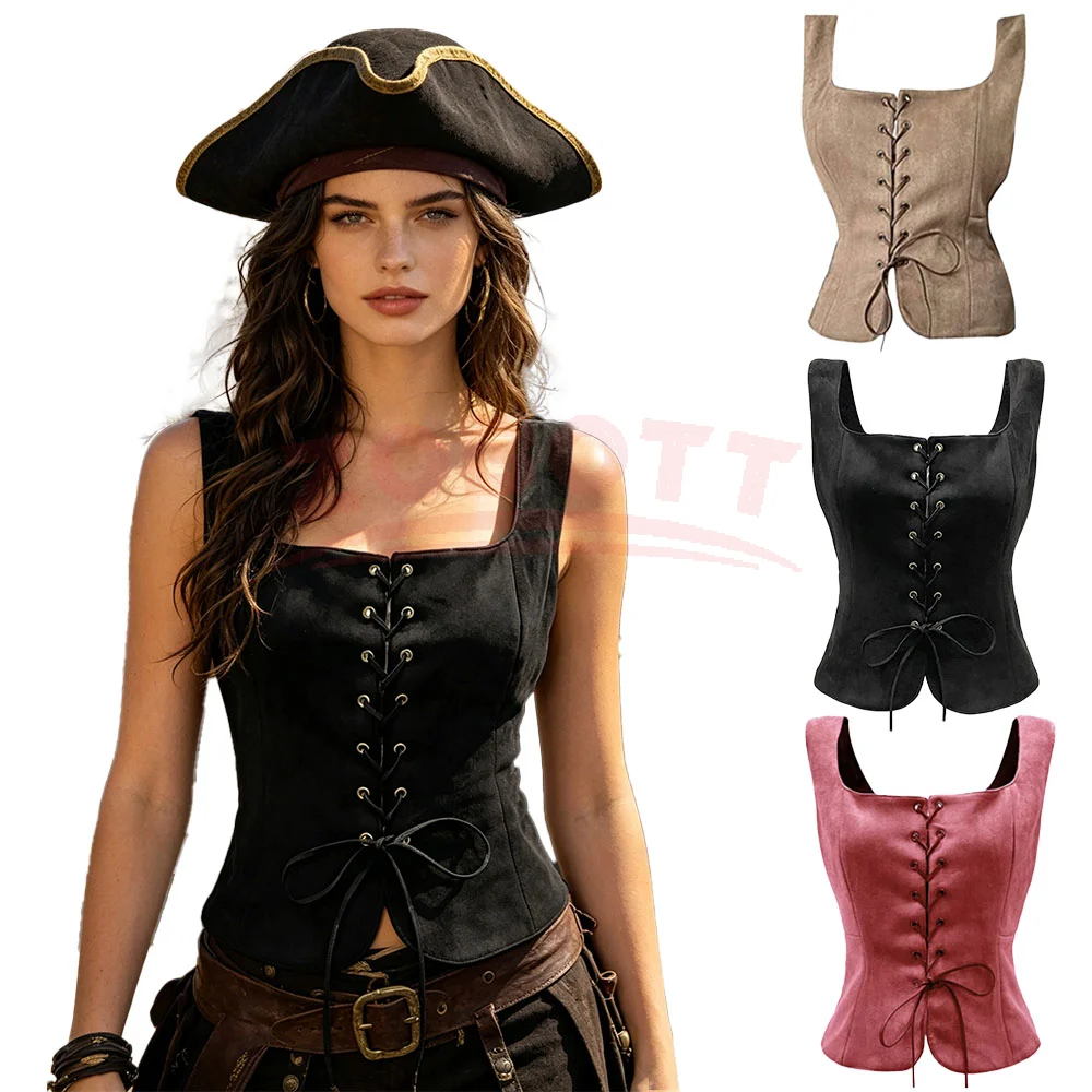 Chaleco Medieval Vintage para Mujer, con Cordones Delanteros, Estilo Victoriano, Renacentista, Steampunk, Gótico, Pirata, Disfraz de Halloween
