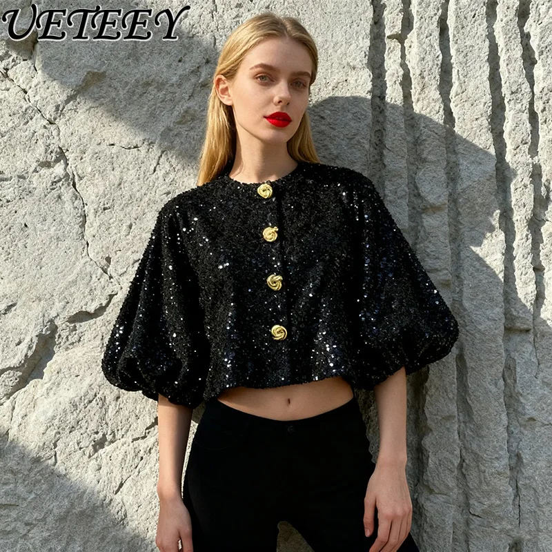 2025 Herfst Nieuwe Mode Veelzijdige Losse Half Mouw Top voor Vrouwen Franse Stijl Elegante Socialite Single-Breasted Korte Shirt