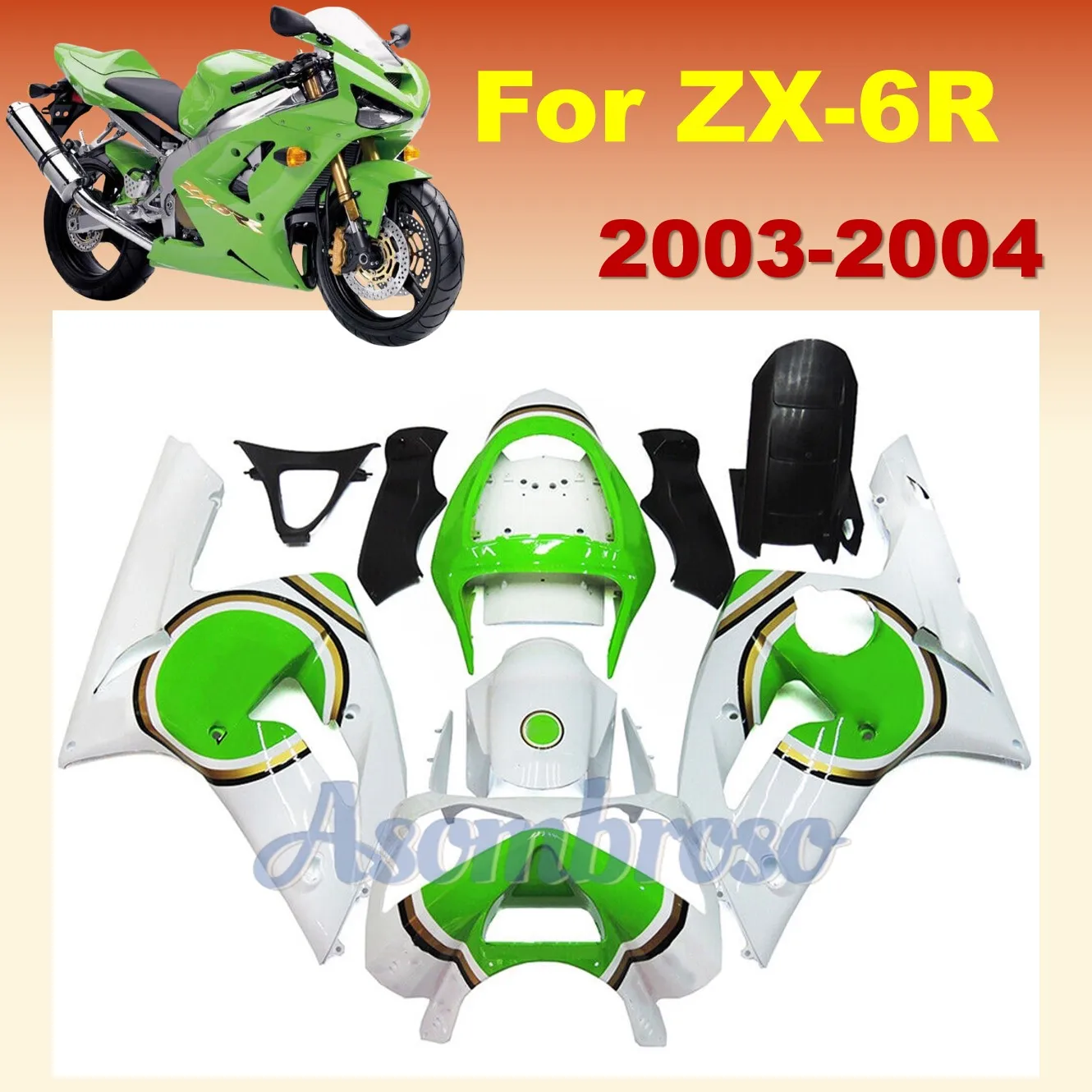 ABSモーターサイクルフェアリングキット,忍者用ボディワーク,緑と白,zx6r,ZX-6R, 2003, 2004,zx 6r 03-04,zx636