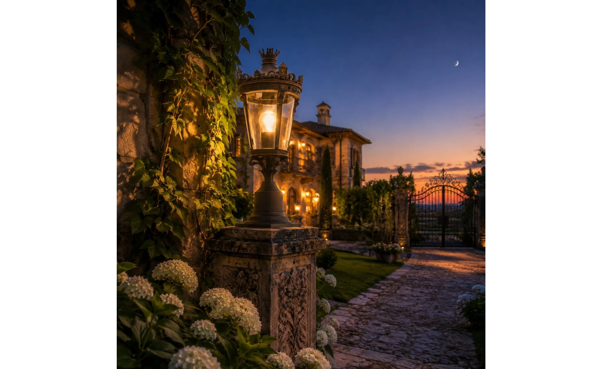 Outdoor Post-Top Lamp Crown-Like Finial Courtyard Wall Lamp Outdoor Post Lantern Ornate Trim Pier Mount Light Clear Glass Panels