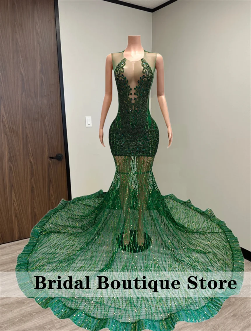 

Sexy Emerald Green Prom Party Dress For Women Gorgeous Crystal Rhinestone See Through Party Gown vestido de festa Customized