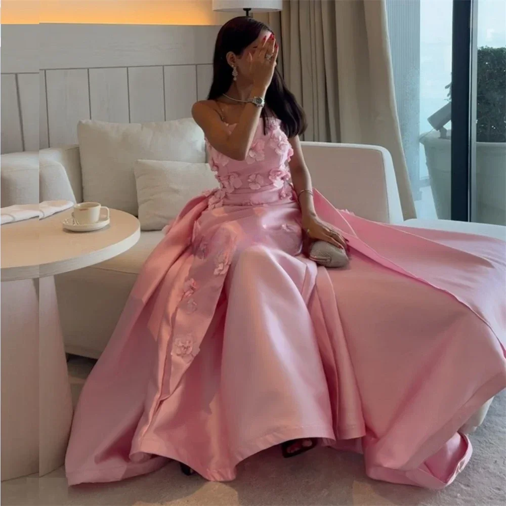 Customized  Saudi Arabia Formal Evening Gown Strapless A-line Floor Length Skirts 3D Flower Bespoke Occasion Dresses P