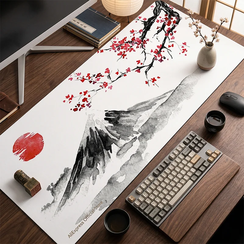 

Japanese Mount Fuji Desk Mat Sakura Cherry Blossom Large Tablecloth Mouse Pad Ink Wash Art Keyboard Pad for Office Desk Setup