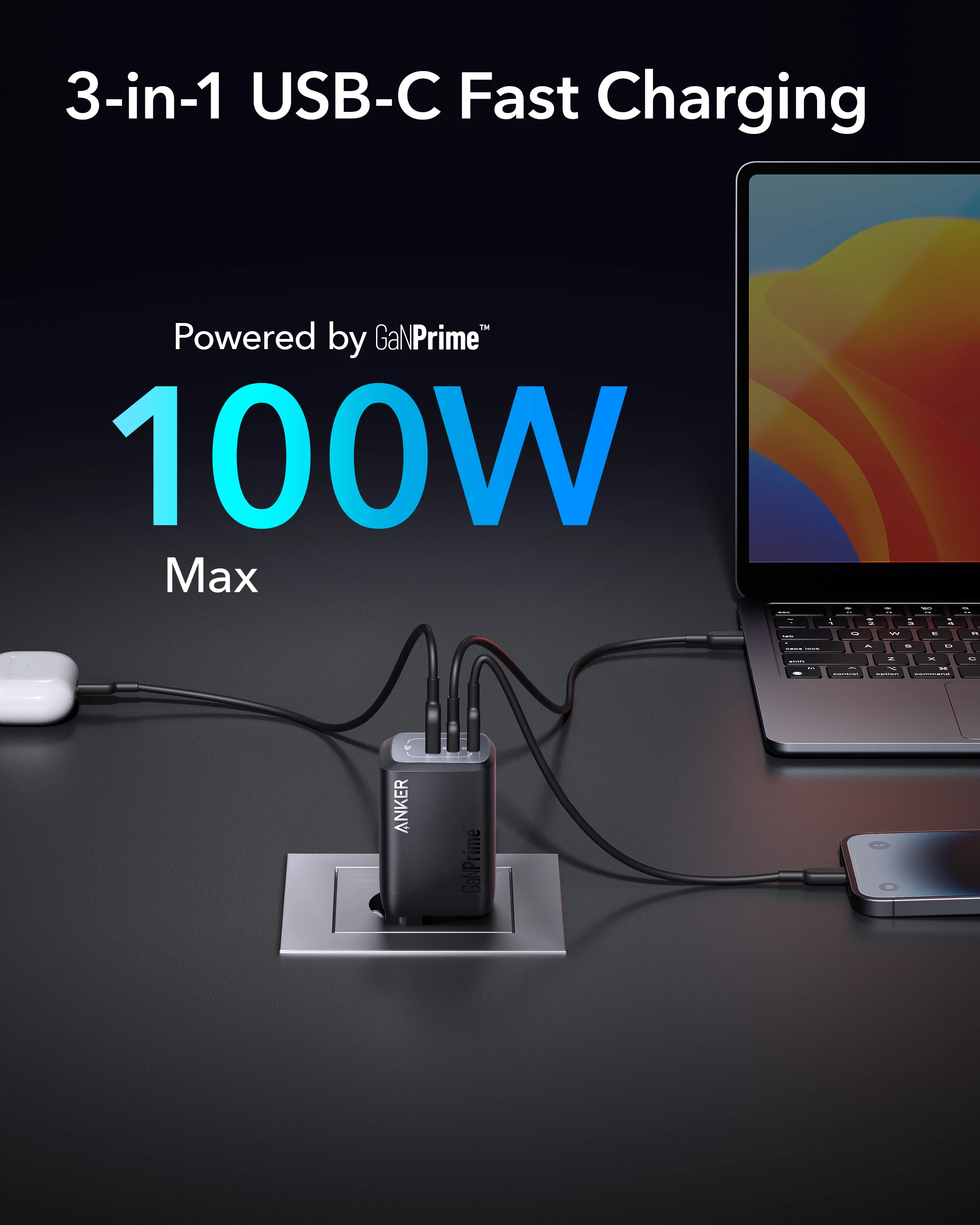 Anker Prime 100W USB C 충전기, GaN 벽 충전기, 3 포트 컴팩트 고속 PPS 충전기, 아이폰 15 용 C타입 GaN 충전기, 멀티충전기, 고속충전기, 충전기 c타입 고속충전기, 휴대폰충전기, PD충전기,휴대폰충전기,초고속 충전기,고속충전기,iphone 15 pro max