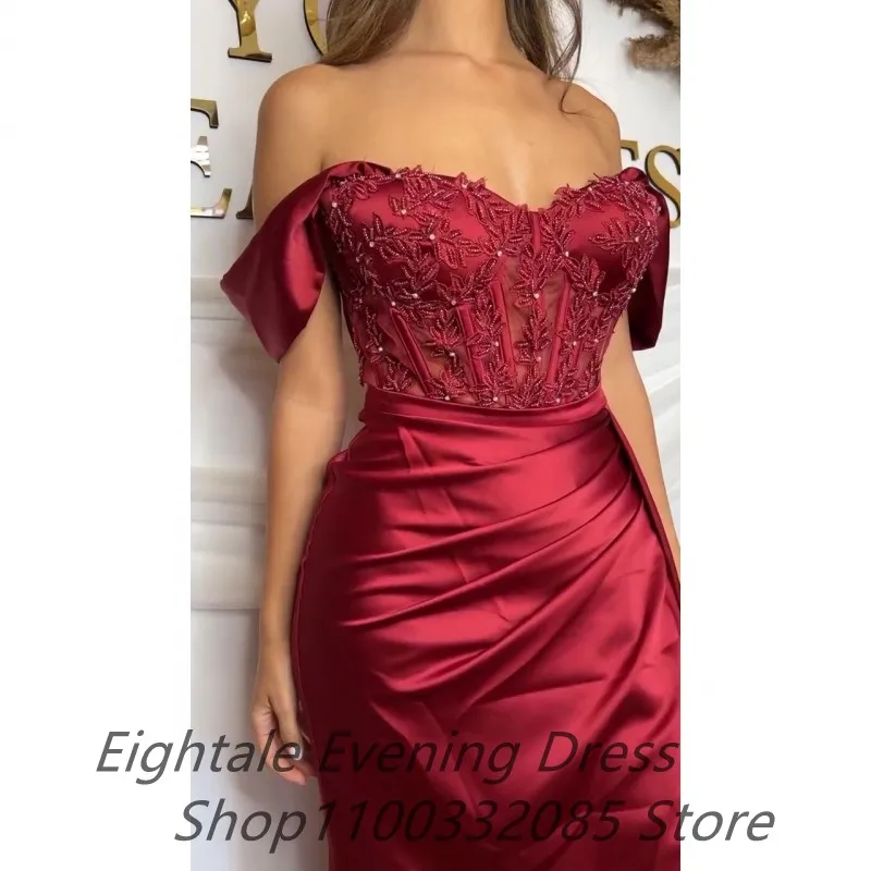 Burgundy Mermaid Satin Evening Dress For Wedding Party 2022 Off Shoulder Sexy Side Slit Beading Prom Dress Formal Party Gown