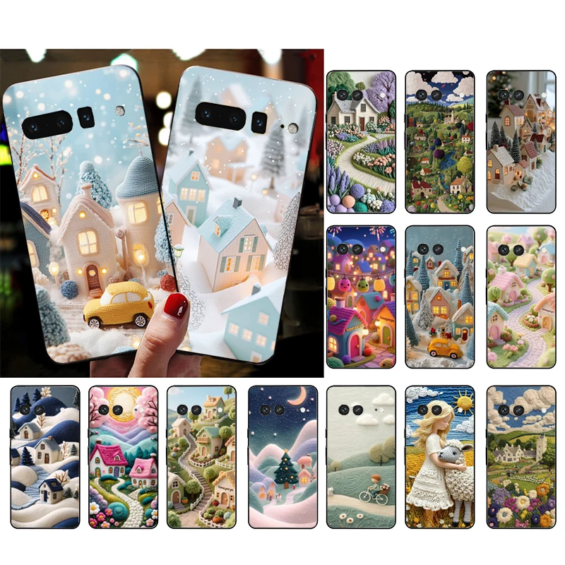 Phone Case For Google Pixel 10 Pro XL 9 Pro XL 9A 8 7 6 Pro Pixel 8A 7A 6A Pixel 8 7 6 5 Cozy Crochet Winter Village Art #5