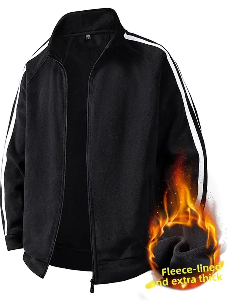 

Новая мужская утепленная флисовая толстовка 2025 года: повседневный полосатый кардиган на молнии, теплая верхняя одежда больших размеров, удобный полиэстеровый свитшот