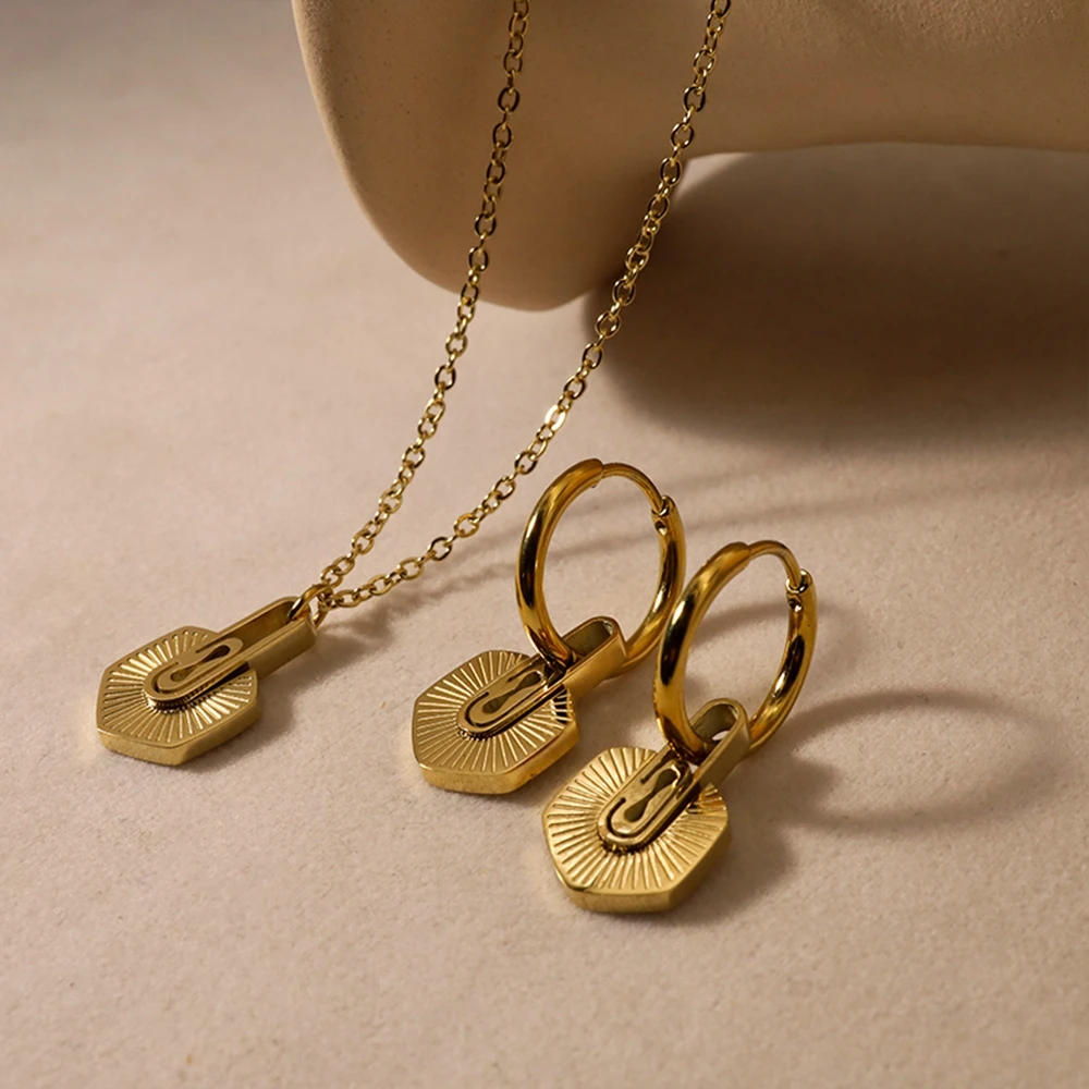WILD & FREE Trendy Geometric Hexagonal Pendant Stainless Steel Necklace Vintage Drop Earrings Women Jewelry Set