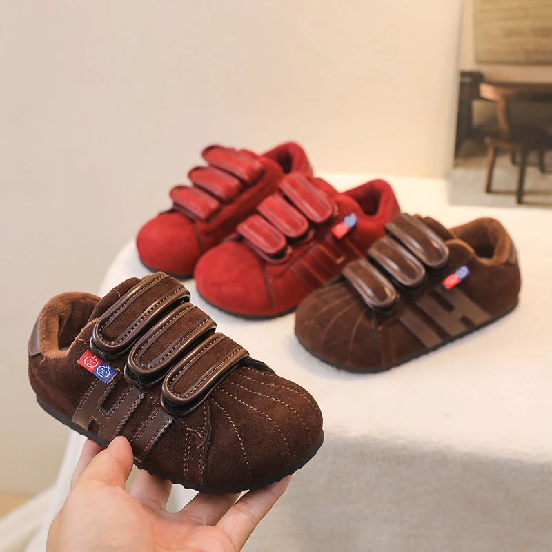 Girls and Boys Solid Color Sewing Design Cotton Shoes 2025 Autumn and Winter New Increase Hook and Loop Design Casual Flat Shoes